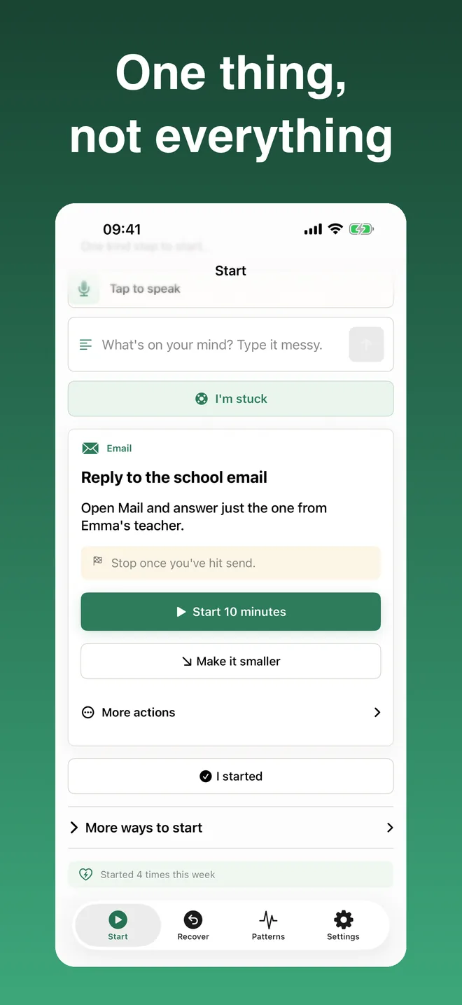 Current App Store screenshot: StartKind Start screen with voice or text capture, an I'm stuck button, and one suggested action.