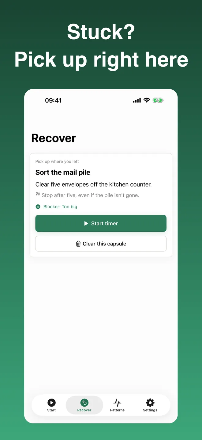 Current App Store screenshot of StartKind Recover after feeling stuck: a smaller mail-pile task, a stop condition, and a Start timer button.