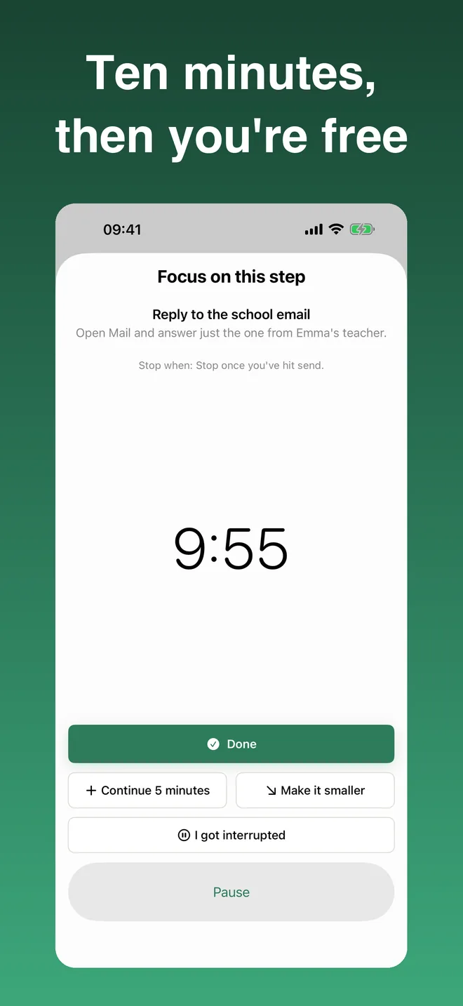 Current App Store screenshot of the StartKind timer: a ten-minute focus screen for replying to a school email, with Done, Continue 5 minutes, Make it smaller, and I got interrupted controls.