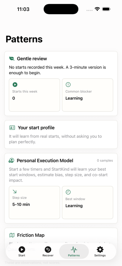 Patterns screen showing gentle review, start profile and personal execution model.