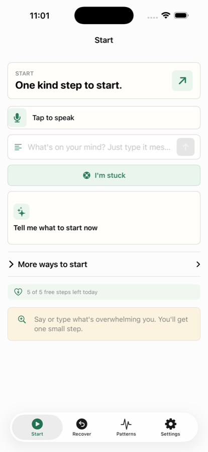 StartKind Start screen: voice capture, a text field, an I'm stuck button, and one autopilot suggestion.