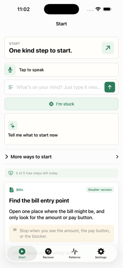 A next step card reading Find the bill entry point, with a stop condition.